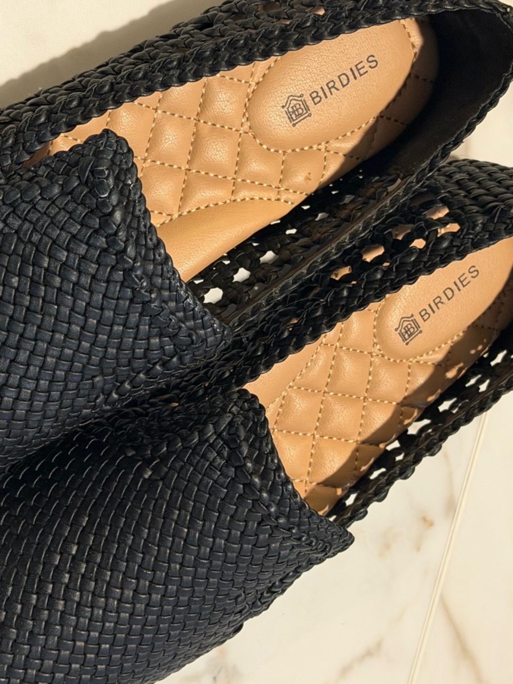 Birdies Black Woven Slingback Flats with Quilted Tan Insole